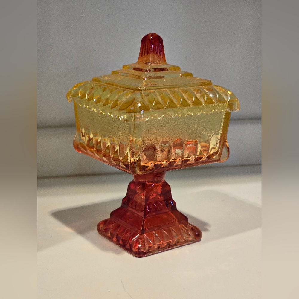 Vintage Amber Red Ombré Jeanette Glass Wedding Box With Lid